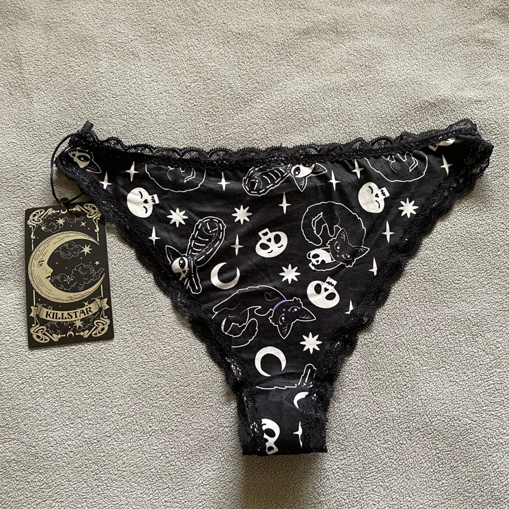 KillStar Purr-Off Black Thong Panties with White Celestial Cat Print - Picture 5 of 6